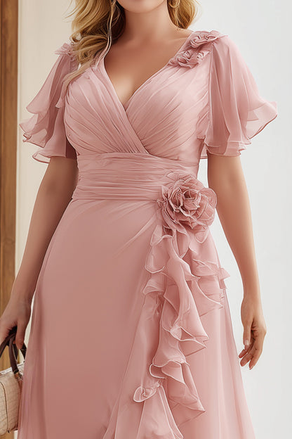 Elegant Blush Pink Chiffon Maxi Dress for Women with V Neck Flutter Sleeve Ruffle Cascade Wedding Guest Style