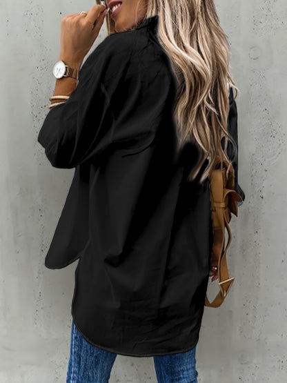 Effortless Utility Pocket Blouse for Women with Collar Long Sleeve Relaxed Curved Hem Style