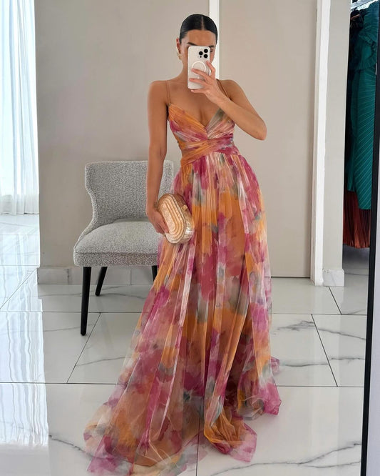 Elegant Watercolor Floral Maxi Dress for Women with V Neck Sleeveless Wrap Waist Flowing Formal Wedding Guest Style