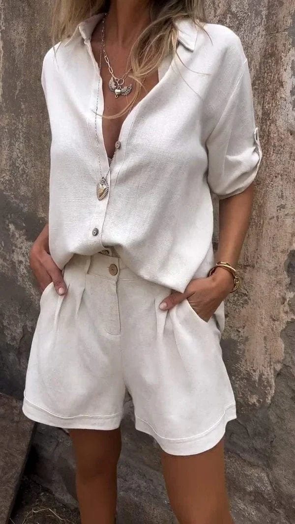 Effortless Linen Two Piece Set for Women with Collared V Neck Elbow Sleeve Pleated Shorts Relaxed Style