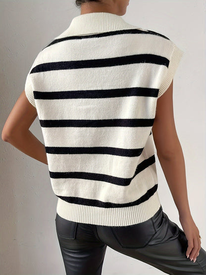 Comfortable White and Black Striped Sweater Vest for Women with Collared V Neck Sleeveless Knit Relaxed Style