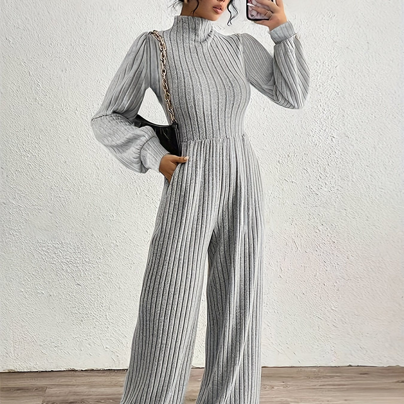 Comfortable Ribbed Knit Wide Leg Jumpsuit for Women with High Neck Long Sleeve Relaxed Pocket Style