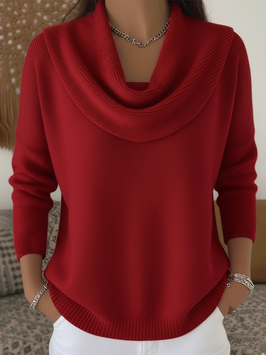 Comfortable Ribbed Knit Sweater for Women with Cowl Neck Long Sleeve Relaxed Curved Hem Casual Style