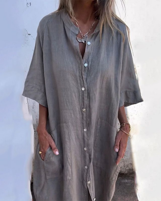 Effortless Linen Shirt Dress for Women with Collar Half Sleeve Button Front Relaxed Style