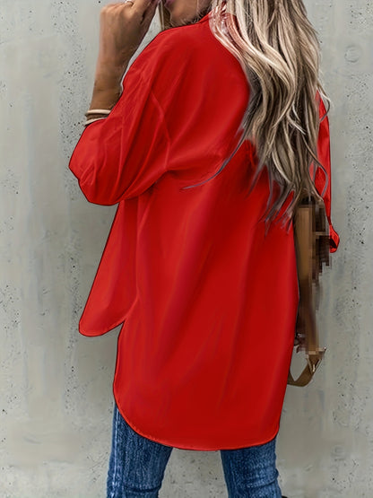Solid Color Button-Up Long Sleeve Shirt for Women
