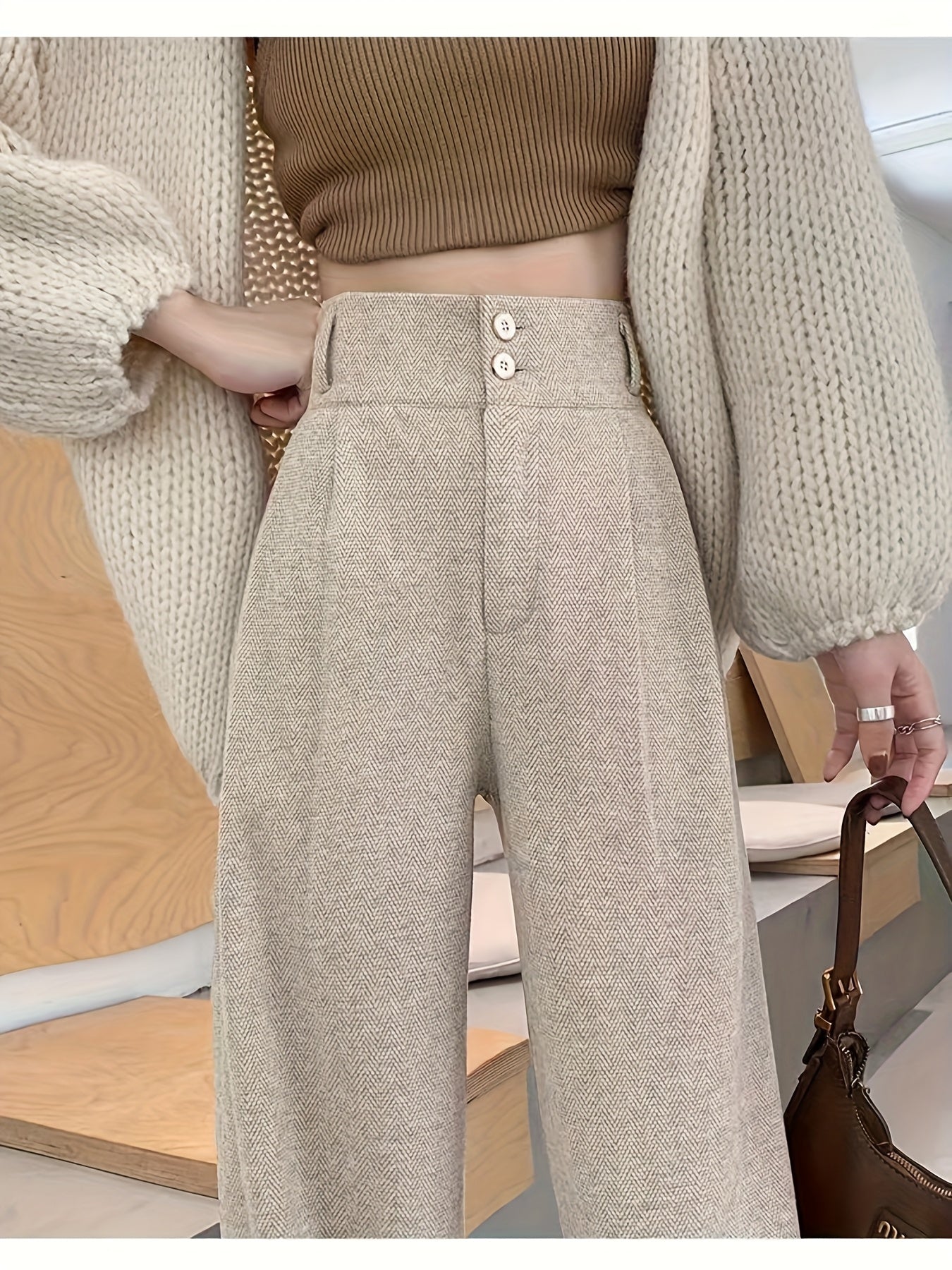 Elegant Herringbone Wide Leg Pants for Women with High Waist Button Front Pleated Tailored Style