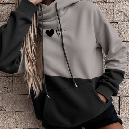 Women's Color-Block Hooded Sweatshirt with Heart & Letter Print - 100% Polyester Casual Pullover, Relaxed Fit, Machine Washable, Fall Winter Fashion