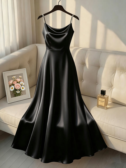 Elegant Satin Maxi Dress for Women with Cowl Neck Pearl Strap Flowing Formal Wedding Guest Style