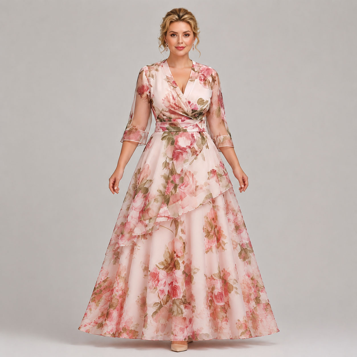 Elegant Pink Floral Maxi Dress for Women with V Neck Bell Sleeve Wrap Tiered Ruffle Wedding Guest Style