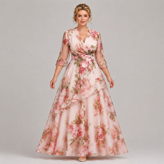 Elegant Pink Floral Maxi Dress for Women with V Neck Bell Sleeve Wrap Tiered Ruffle Wedding Guest Style