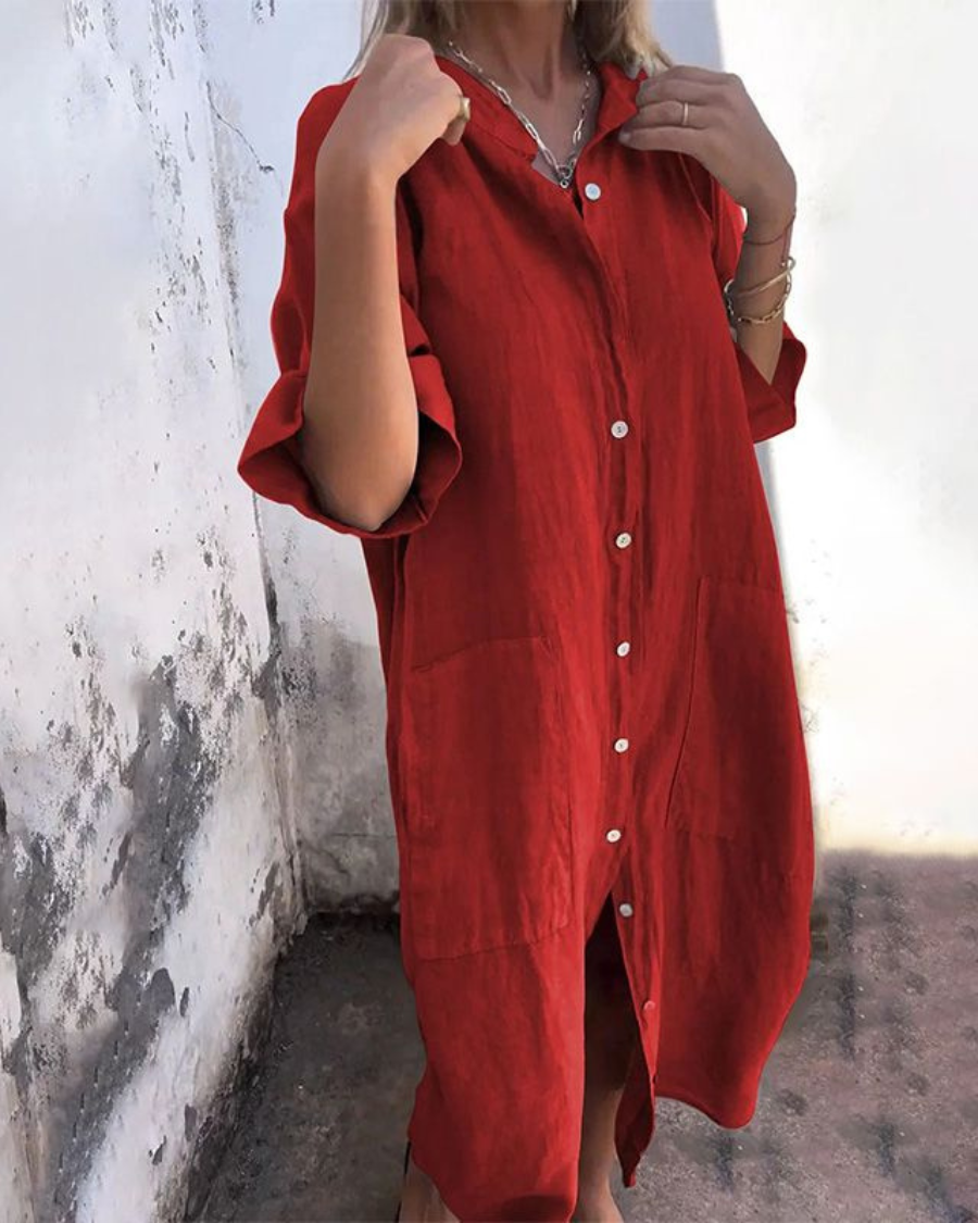 Effortless Linen Shirt Dress for Women with Collar Half Sleeve Button Front Relaxed Style