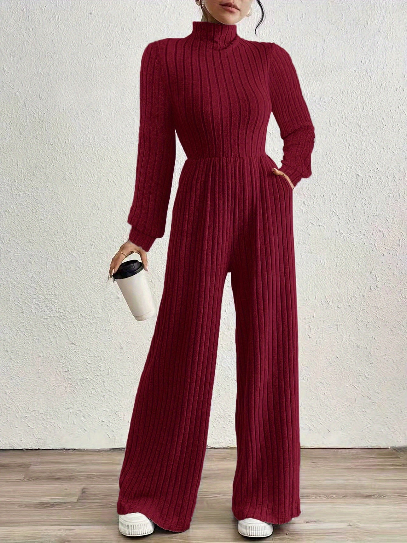 Comfortable Ribbed Knit Wide Leg Jumpsuit for Women with High Neck Long Sleeve Relaxed Pocket Style
