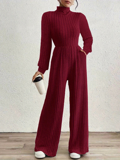 Comfortable Ribbed Knit Wide Leg Jumpsuit for Women with High Neck Long Sleeve Relaxed Pocket Style