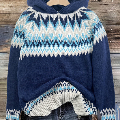 Comfortable Fair Isle Sweater for Women with Hooded Long Sleeve Relaxed Oversized Knit Style