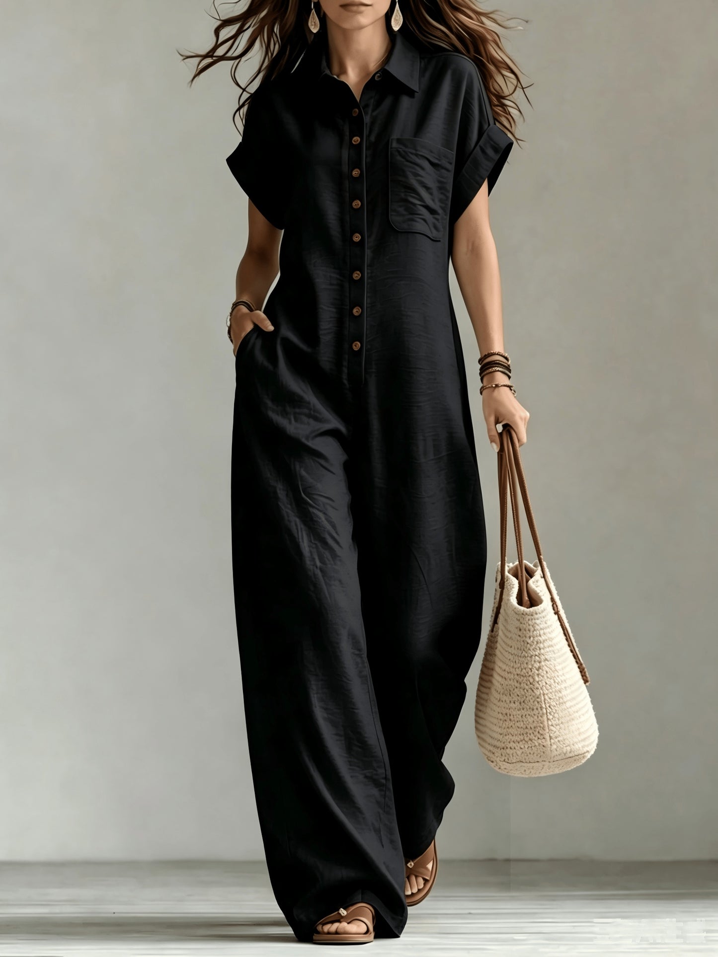 Women'S Summer Short Sleeve Jumpsuit, Collared Single-Row Button Loose Straight Style, Casual Cargo Overalls, Loose Straight Drape Long Pants, Daily Commute Casual All-Match Fashion Comfortable