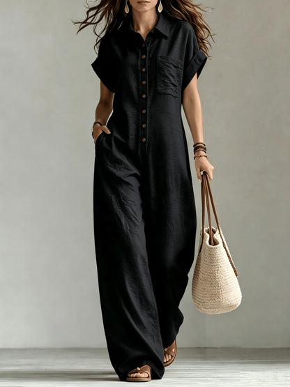 Women'S Summer Short Sleeve Jumpsuit, Collared Single-Row Button Loose Straight Style, Casual Cargo Overalls, Loose Straight Drape Long Pants, Daily Commute Casual All-Match Fashion Comfortable