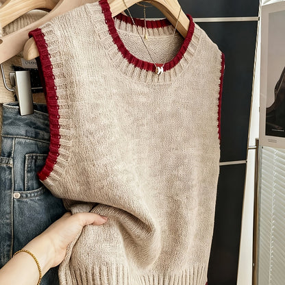 Comfortable Contrast Trim Sweater Vest for Women with Crew Neck Sleeveless Ribbed Hem Oversized Knit Style