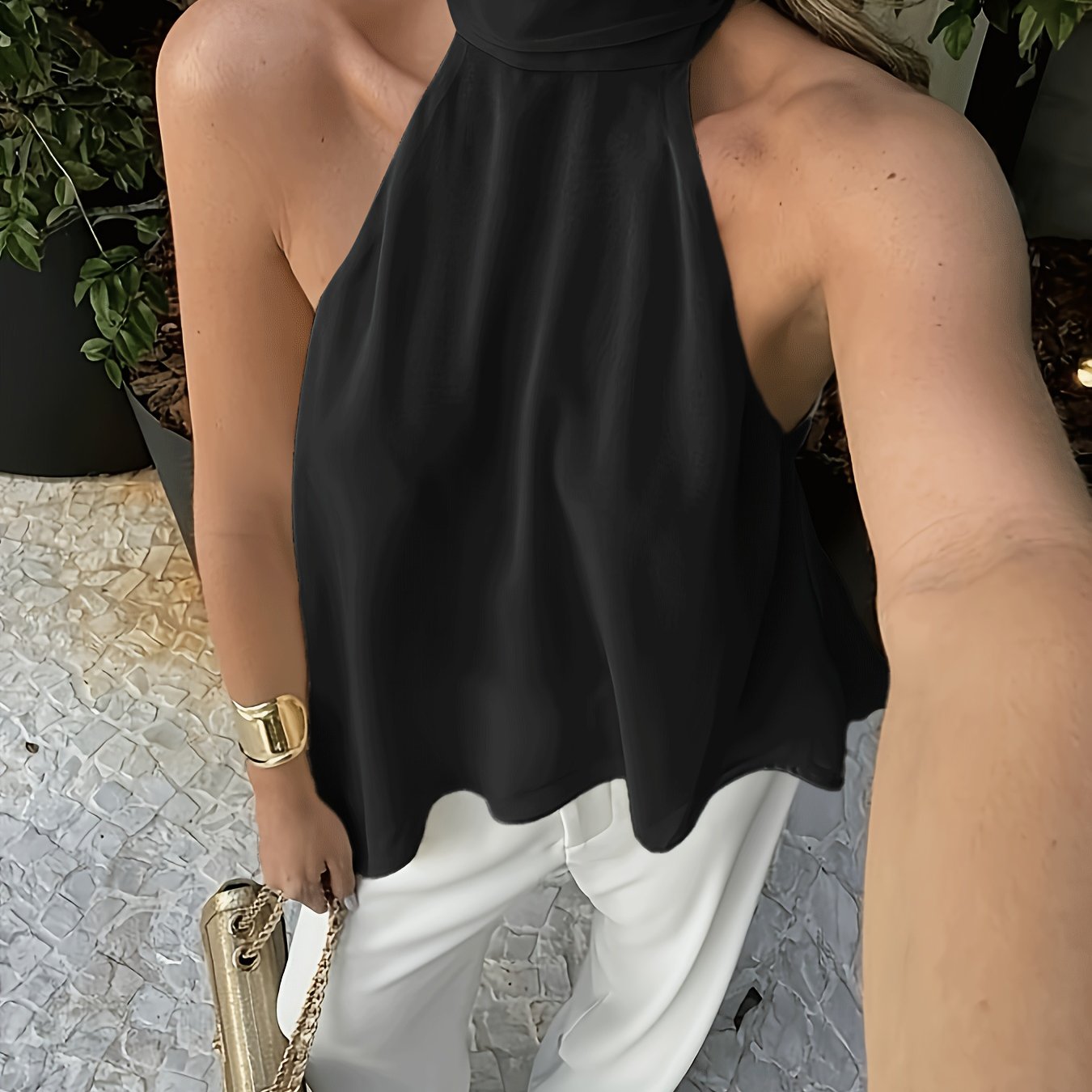 Effortless Chiffon Halter Blouse for Women with High Neck Sleeveless Asymmetric Hem Flowing Style