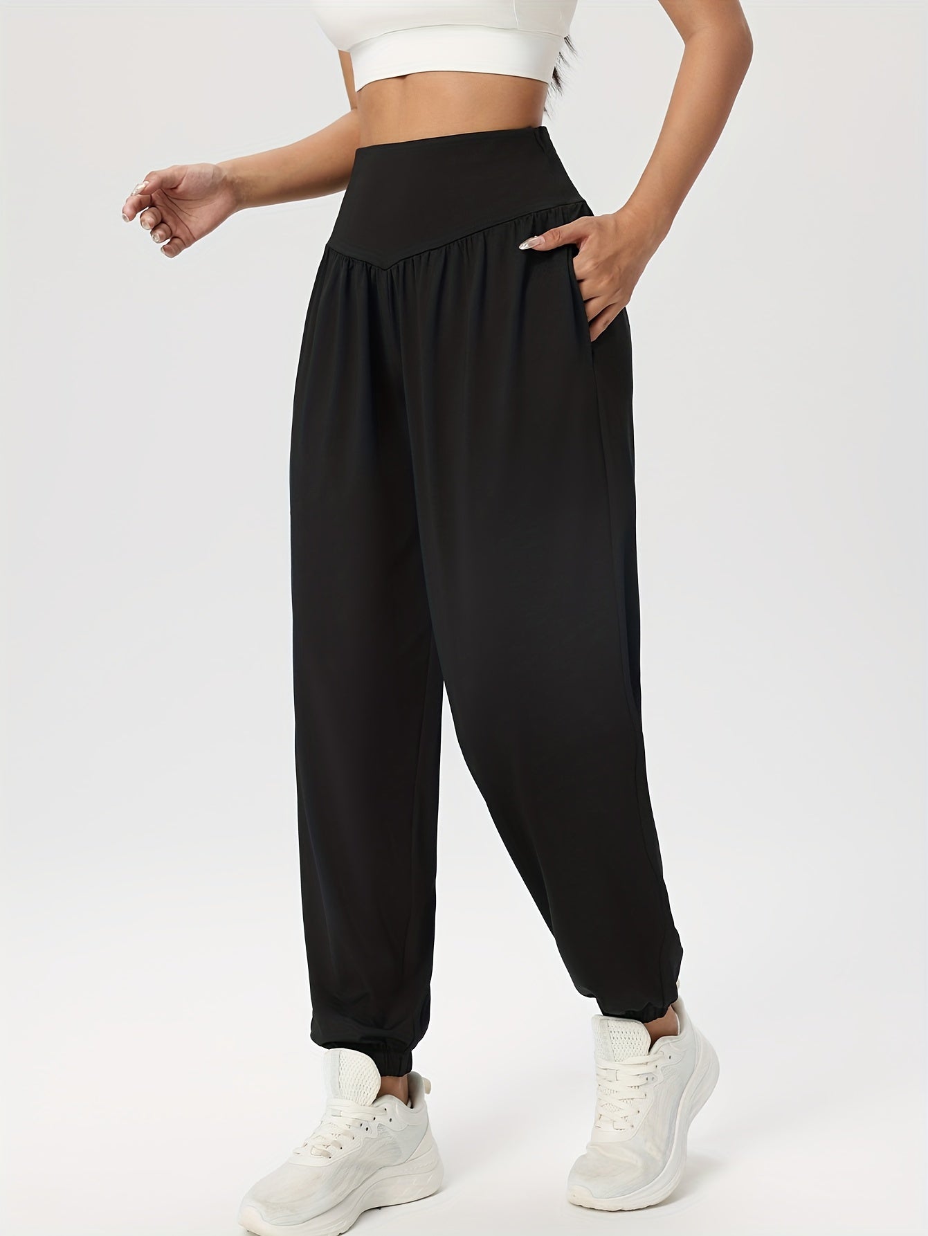 Women'S Casual Solid High-Waist Loose Lantern Pants, Daily Tummy Control Ankle-Cinching Yoga Fitness Athletic Trousers