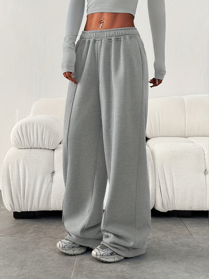 Effortless Fleece Wide Leg Sweatpants for Women with High Waist Elastic Side Pocket Relaxed Casual Style