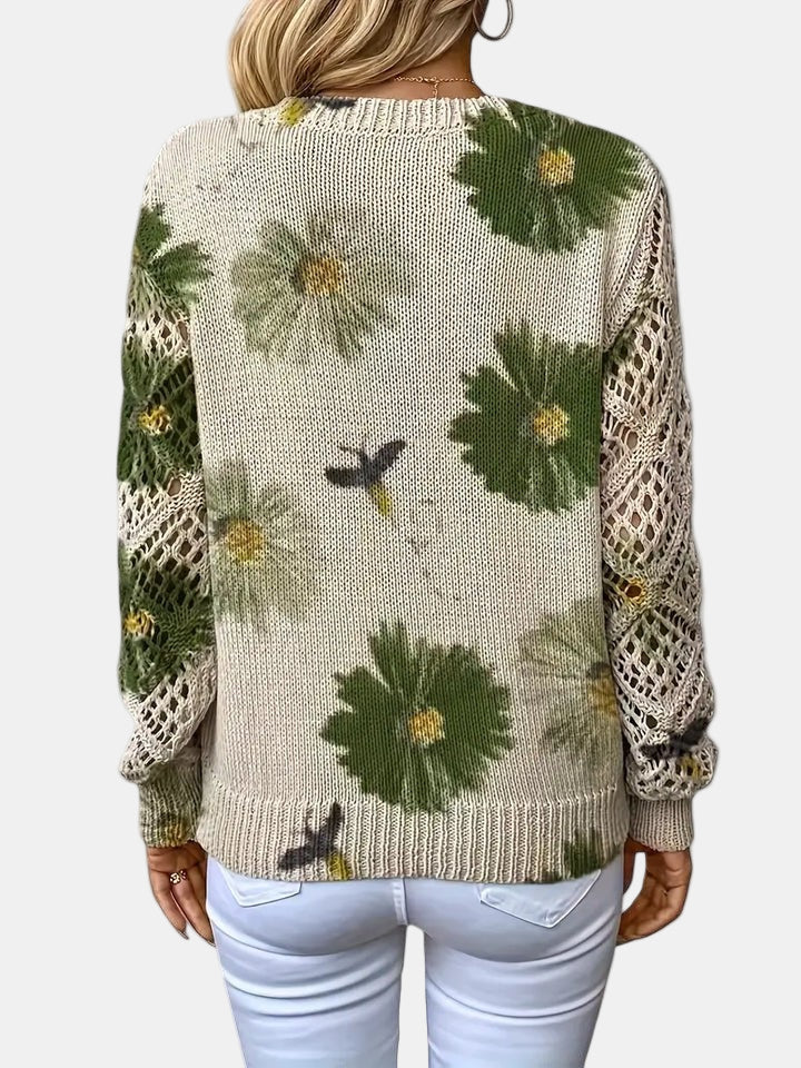Comfortable Floral Crochet Sweater for Women with V Neck Balloon Sleeve Lace Panel Oversized Knit Style