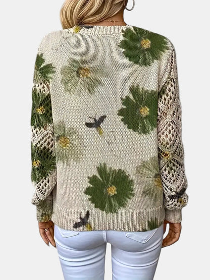 Comfortable Floral Crochet Sweater for Women with V Neck Balloon Sleeve Lace Panel Oversized Knit Style