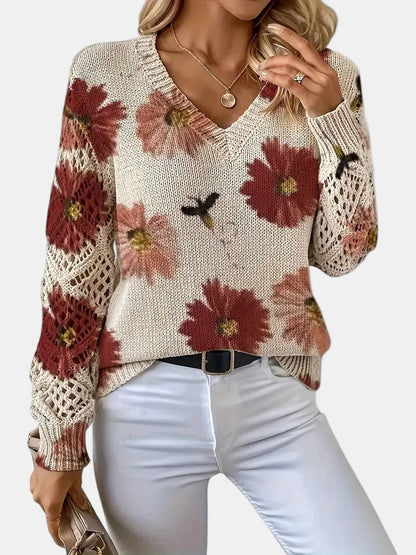 Comfortable Floral Crochet Sweater for Women with V Neck Balloon Sleeve Lace Panel Oversized Knit Style