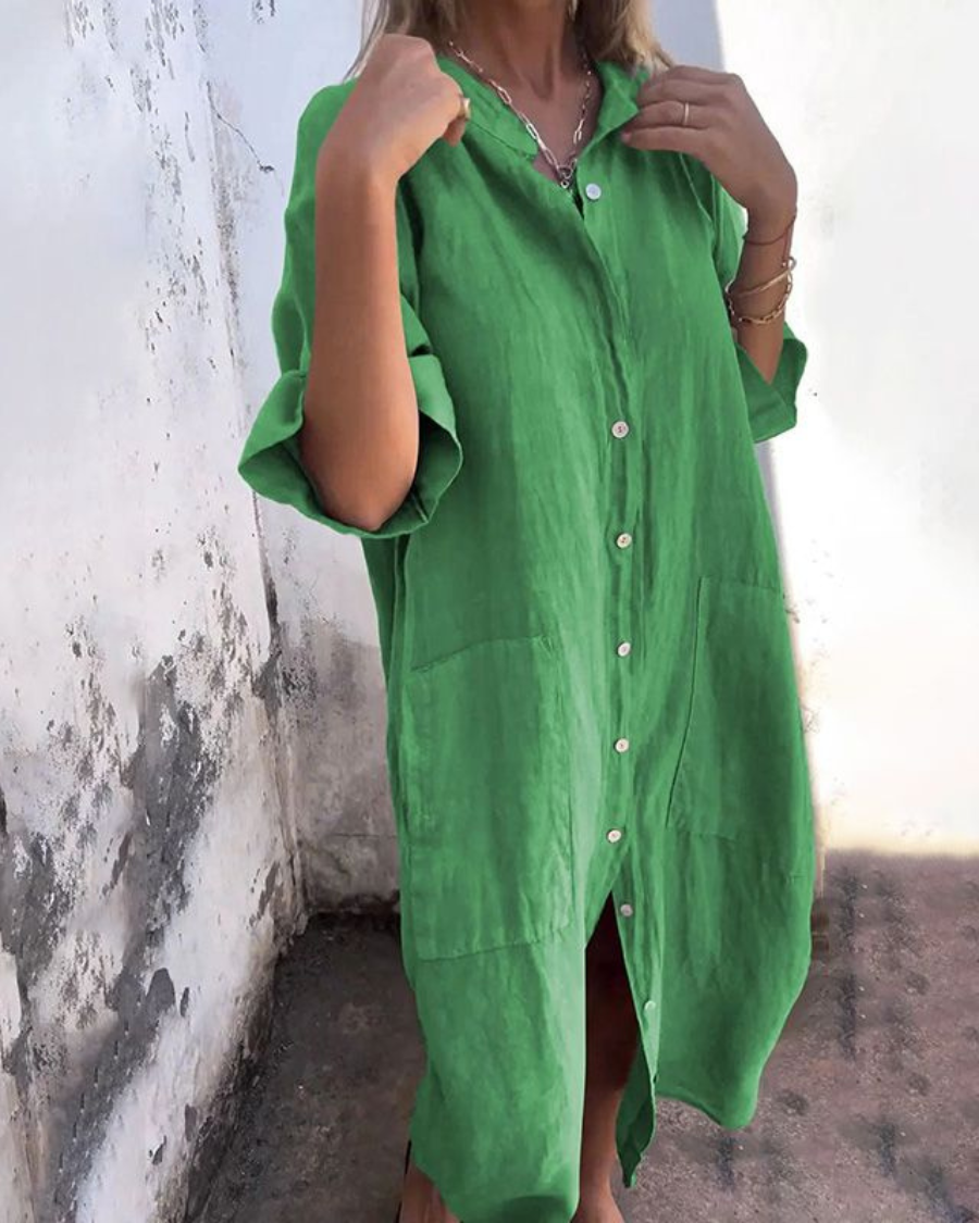 Effortless Linen Shirt Dress for Women with Collar Half Sleeve Button Front Relaxed Style