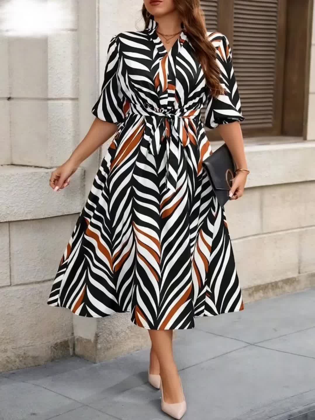 Women's Elegant Long Dress with Belt, V-Neck Leaf Patterned Brown Striped Black and White, Suitable for Festive Occasions Like New Year, Valentine's Day, Plus Size