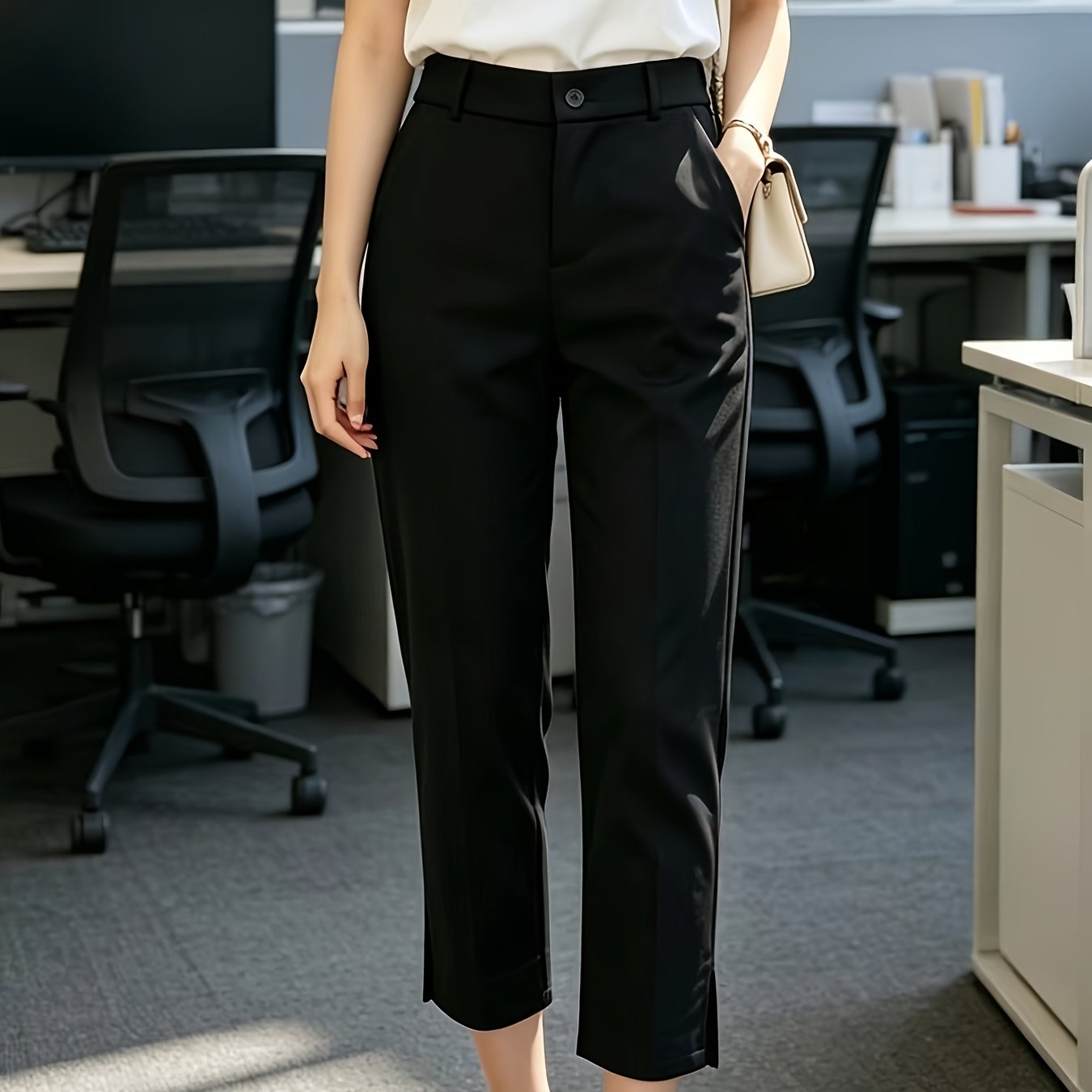 Elegant Tailored Trousers for Women with High Waist Button Front Side Slit Ankle Style