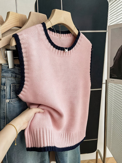 Comfortable Contrast Trim Sweater Vest for Women with Crew Neck Sleeveless Ribbed Hem Oversized Knit Style