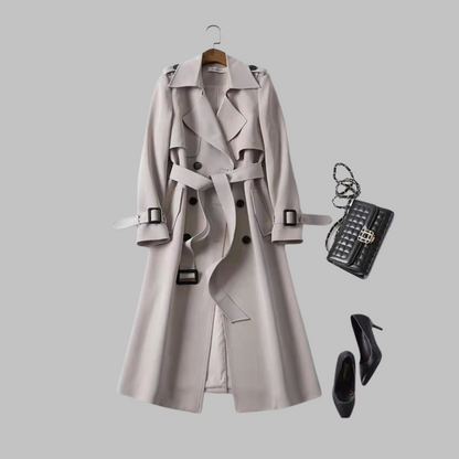Elegant Trench Coat for Women with Notched Lapel Long Sleeve Double Breasted Belted Flowing Style