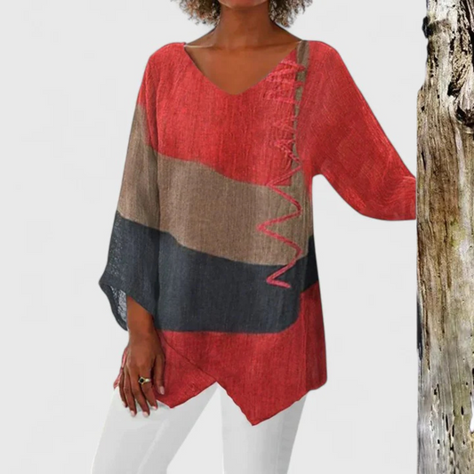 Effortless Colorblock Linen Tunic for Women with V Neck Batwing Sleeve Asymmetrical Hem Bohemian Style
