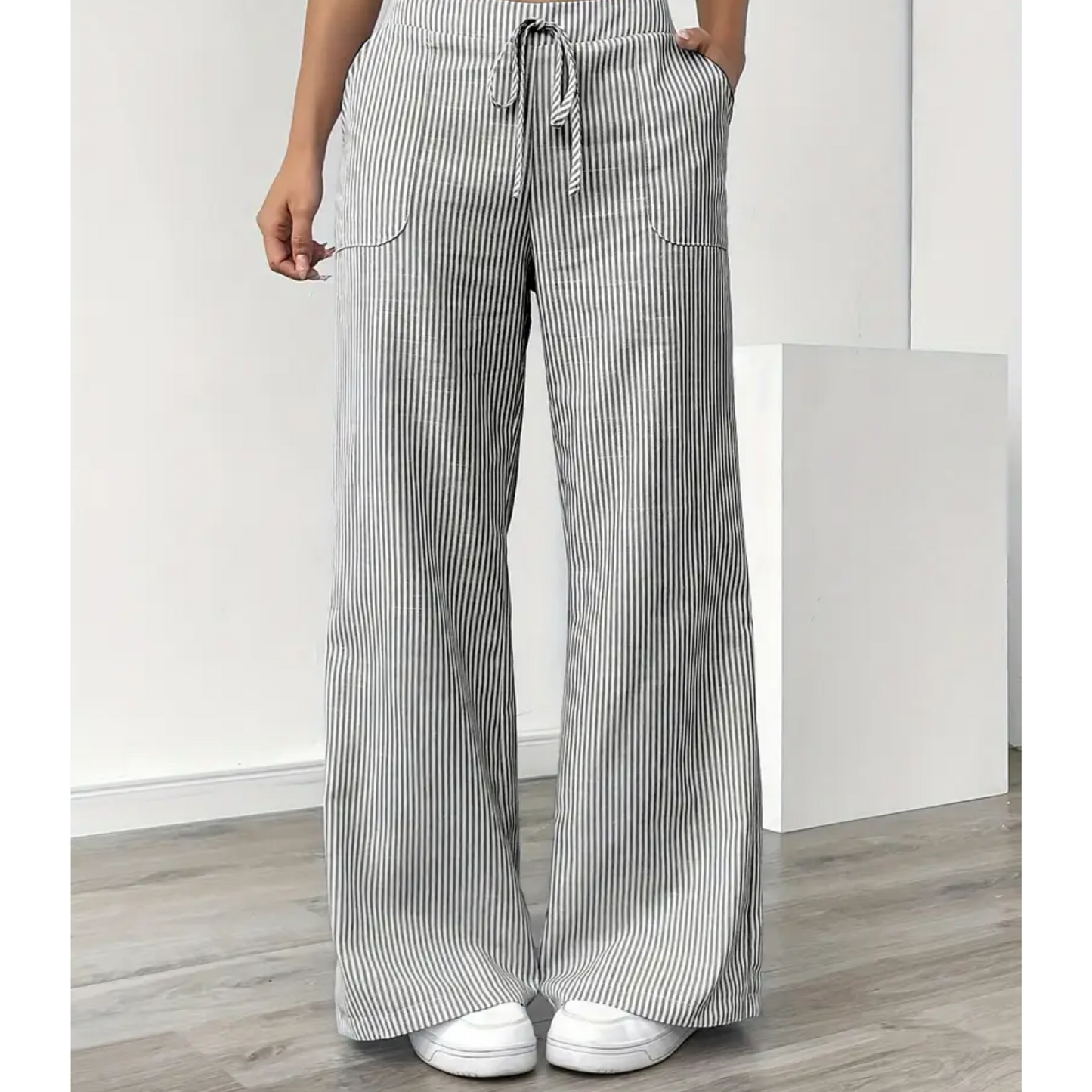 Effortless Striped Wide Leg Pants for Women with High Waist Drawstring Relaxed Casual Style
