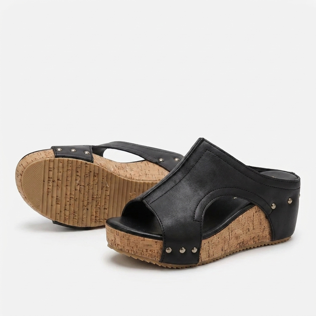 Comfortable Wedge Sandals for Women with Studded T Strap Cork Platform Peep Toe Slide Style