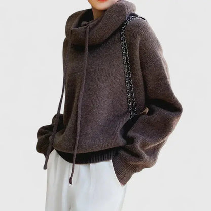 Comfortable Knit Hooded Sweater for Women with Cowl Neck Long Sleeve Drawstring Oversized Style