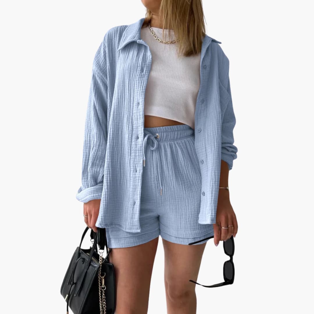 Effortless Crinkle Cotton Two Piece Set for Women with Collared Button Front Drawstring Shorts Relaxed Style
