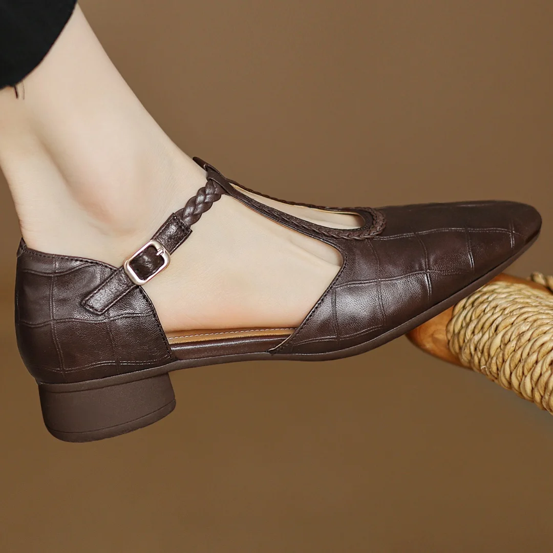 Elegant Croc Embossed Leather T-Strap Flats for Women with Pointed Toe Braided Strap Block Heel Style