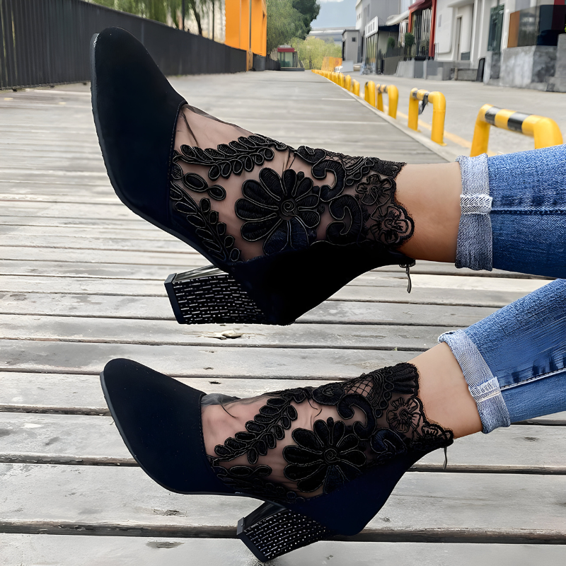 Elegant Lace Ankle Boot for Women with Floral Embroidery Mesh Block Heel Style