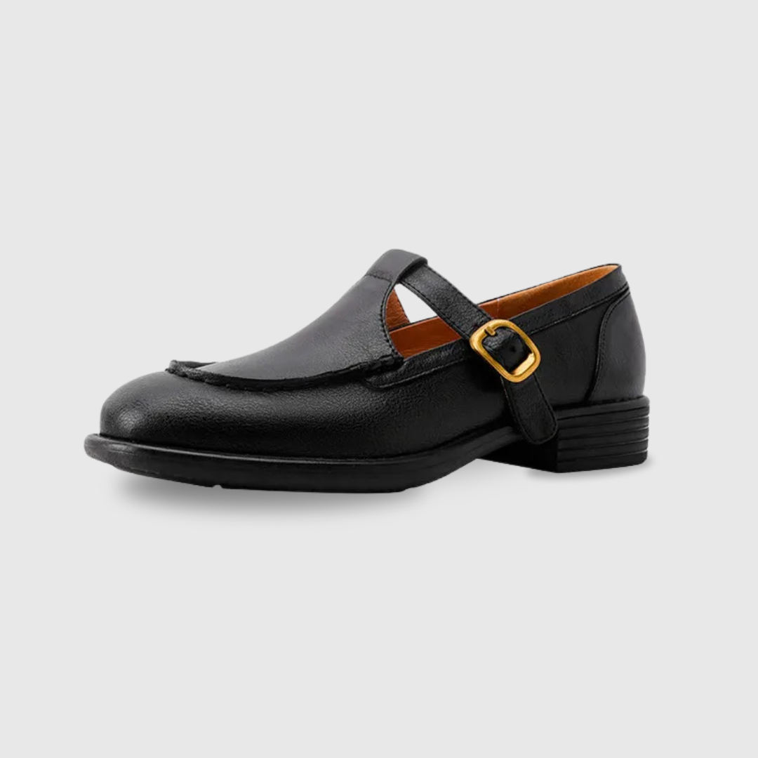 Elegant Leather Mary Jane Flats for Women with Round Toe T Strap Buckle Vintage Style