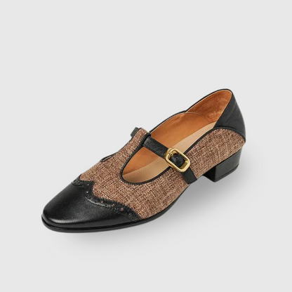 Elegant Tweed Mary Jane Flat for Women with T Strap Buckle Brogue Wingtip Style