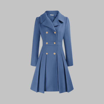 Elegant Wool Blend Pea Coat for Women with Notched Lapel Long Sleeve Double Breasted Pleated Fit and Flare Style