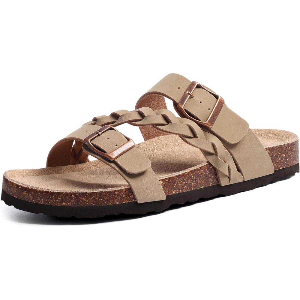 Effortless Braided Buckle Slide Sandal for Women with Double Strap Cork Footbed Casual Style