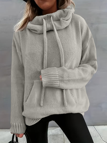 Comfortable Knit Sweater for Women with Cowl Neck Long Sleeve Drawstring Oversized Style