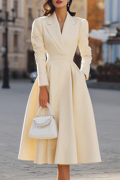 Elegant Fit and Flare Midi Dress for Women with Lapel Collar Long Sleeve Pleated Pocket Cocktail Style