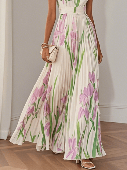 Elegant Floral Maxi Dress for Women with Square Neck Sleeveless Belted Pleated Flowing Style