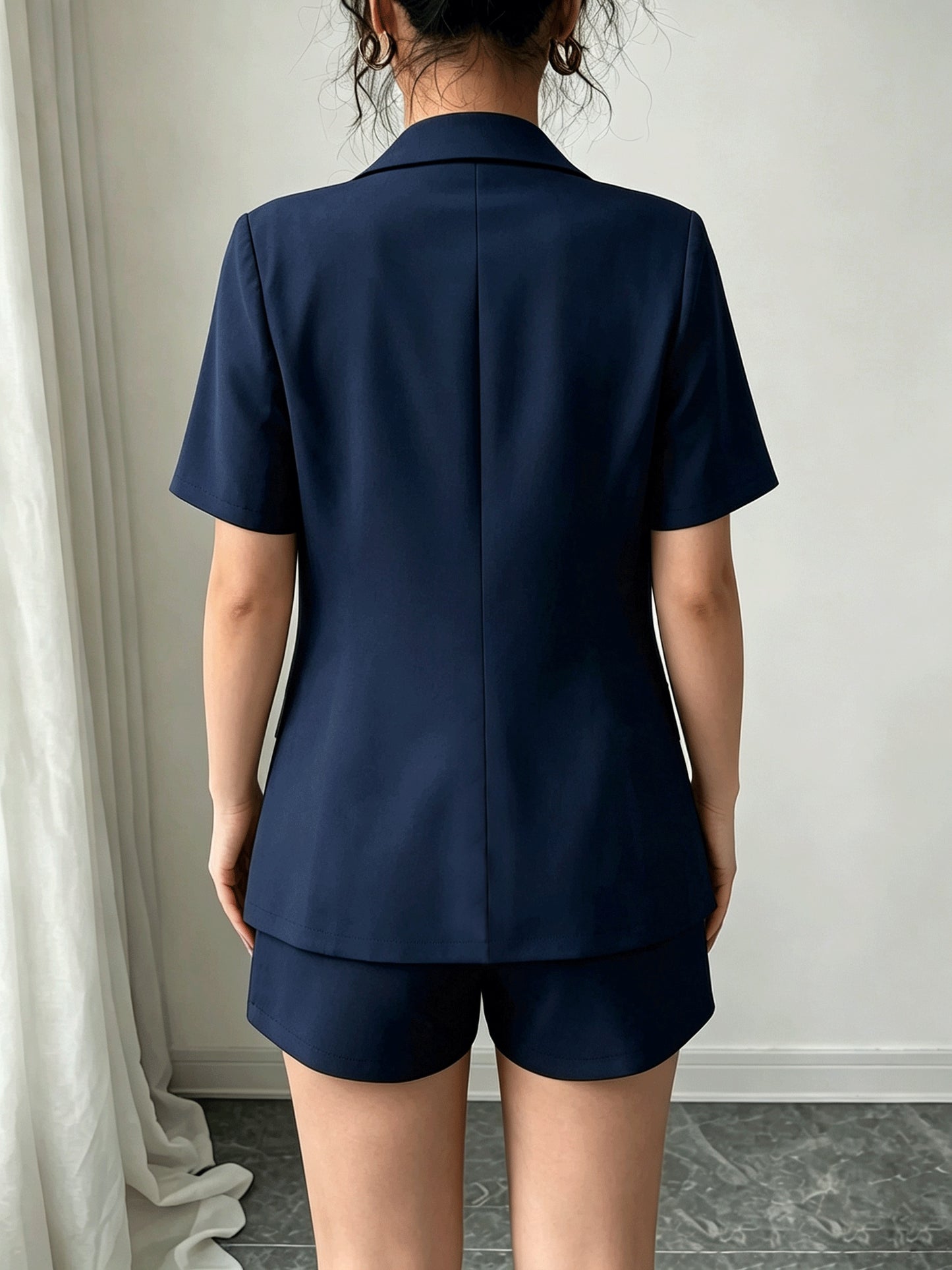 Effortless Blazer Shorts Set for Women with Lapel Collar Short Sleeve Button Front Two Piece Style