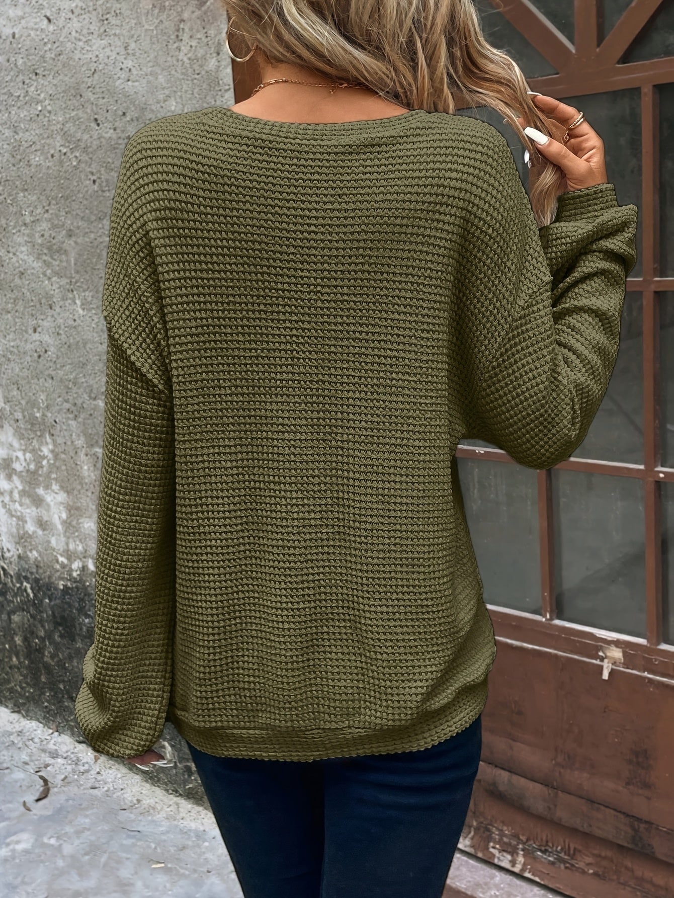 Women's Casual Solid Color Drop Shoulder Waffle Long Sleeve Sweatshirt - Relaxed Fit, Medium Stretch, Machine Washable, All-Season Comfort, Everyday Apparel, Round Neckline Top, Ribbed Cuffs, Comfortable Clothing, Durable Construction, Versatile Blouse, M