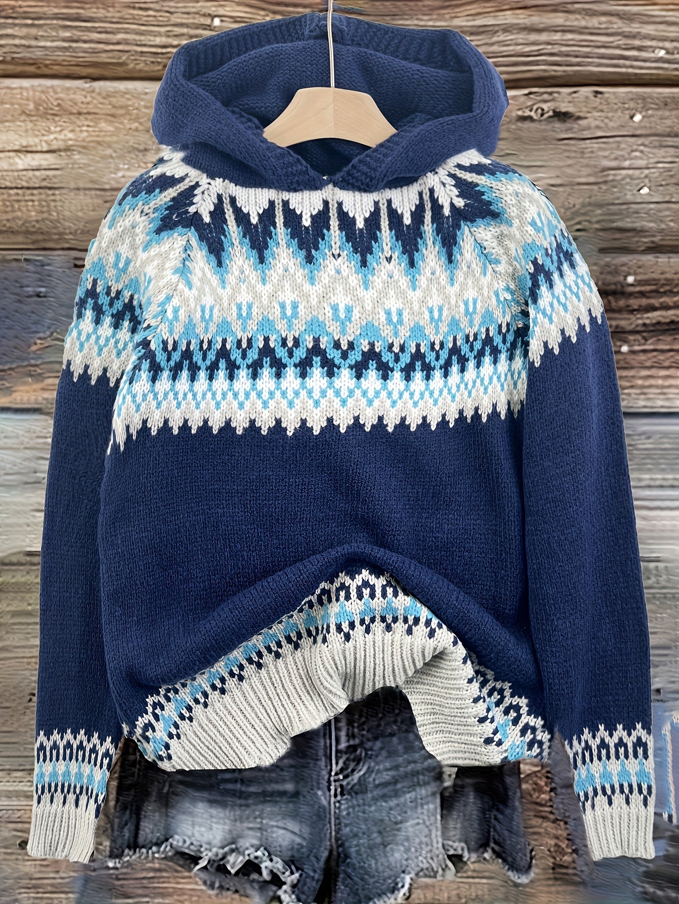 Comfortable Fair Isle Sweater for Women with Hooded Long Sleeve Relaxed Oversized Knit Style