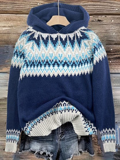 Comfortable Fair Isle Sweater for Women with Hooded Long Sleeve Relaxed Oversized Knit Style